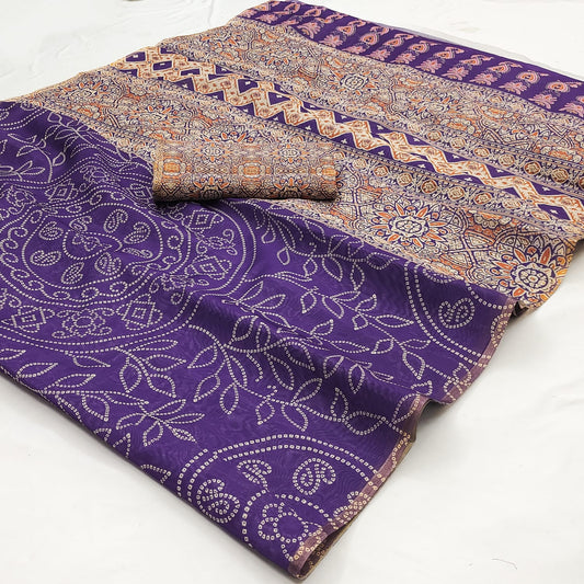 Exquisite Purple Printed Cotton Silk Saree With Chatoyant Blouse Piece