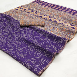 Exquisite Purple Printed Cotton Silk Saree With Chatoyant Blouse Piece