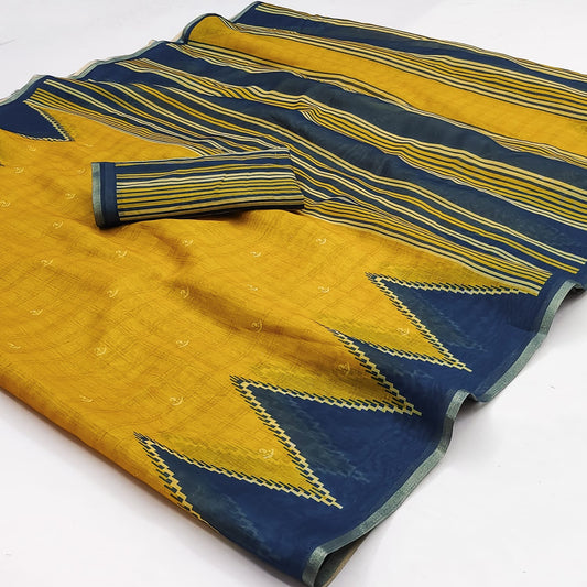 Glorious Yellow Printed Cotton Silk Saree With Exuberant Blouse Piece