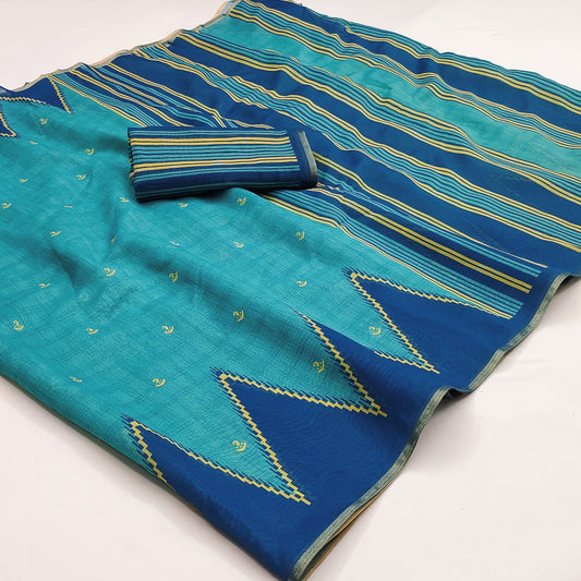 Sophisticated Sky Printed Cotton Silk Saree With Proficient Blouse Piece