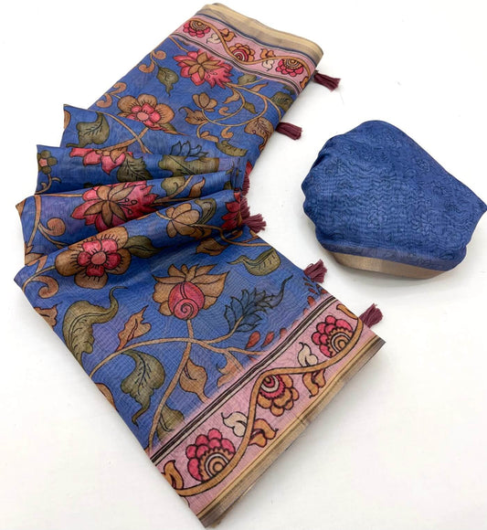 Angelic Blue Printed Cotton Silk Saree With Enthralling Blouse Piece