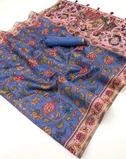 Angelic Blue Printed Cotton Silk Saree With Enthralling Blouse Piece