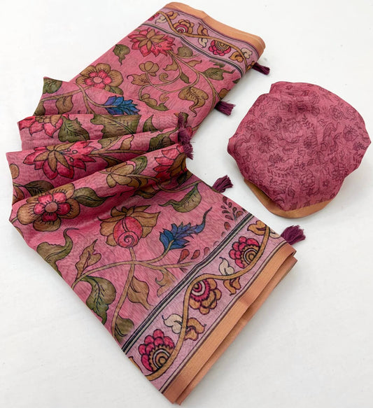 Majestic Pink Printed Cotton Silk Saree With Demure Blouse Piece