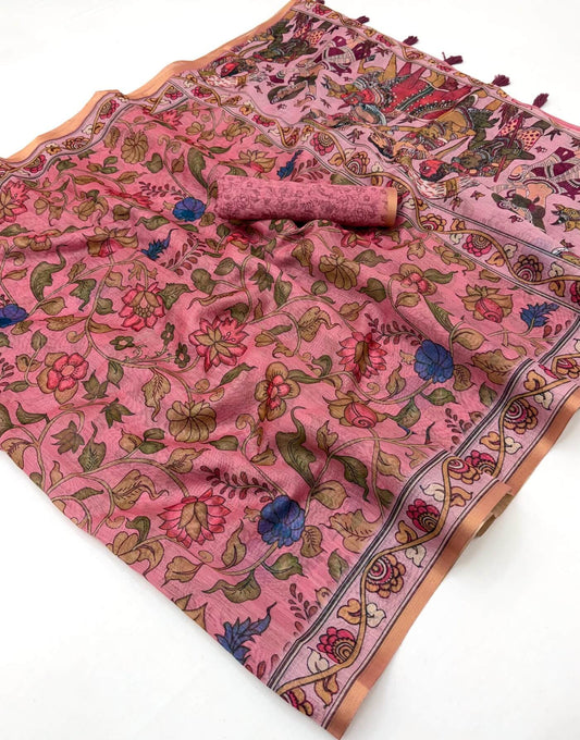 Majestic Pink Printed Cotton Silk Saree With Demure Blouse Piece