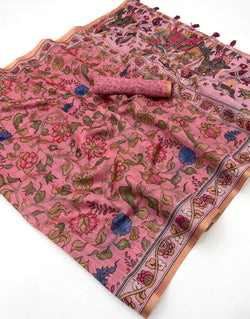 Majestic Pink Printed Cotton Silk Saree With Demure Blouse Piece