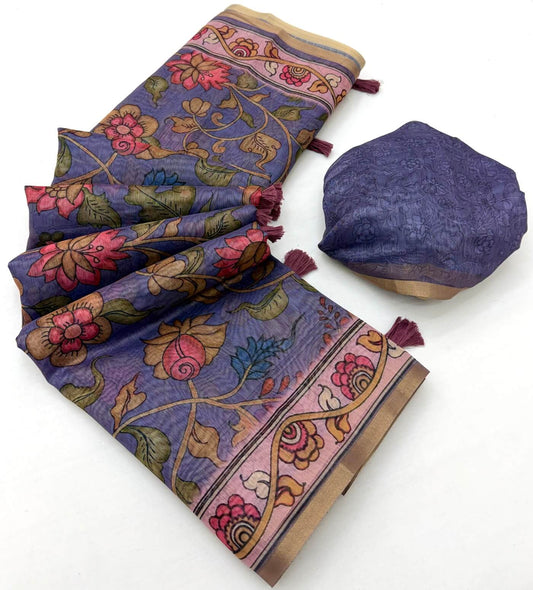 Preferable Lavender Printed Cotton Silk Saree With Refreshing Blouse Piece