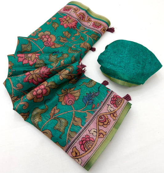 Admirable Rama Printed Cotton Silk Saree With Petrichor Blouse Piece