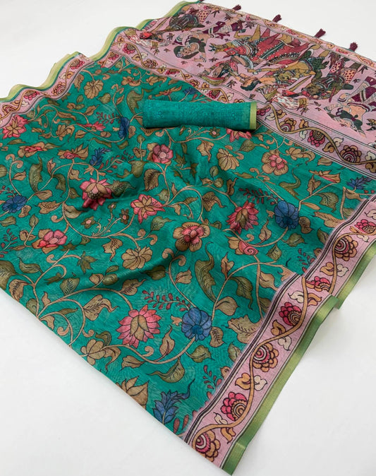 Admirable Rama Printed Cotton Silk Saree With Petrichor Blouse Piece
