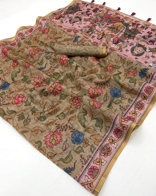 Flamboyant Dark Beige Printed Cotton Silk Saree With Imaginative Blouse Piece