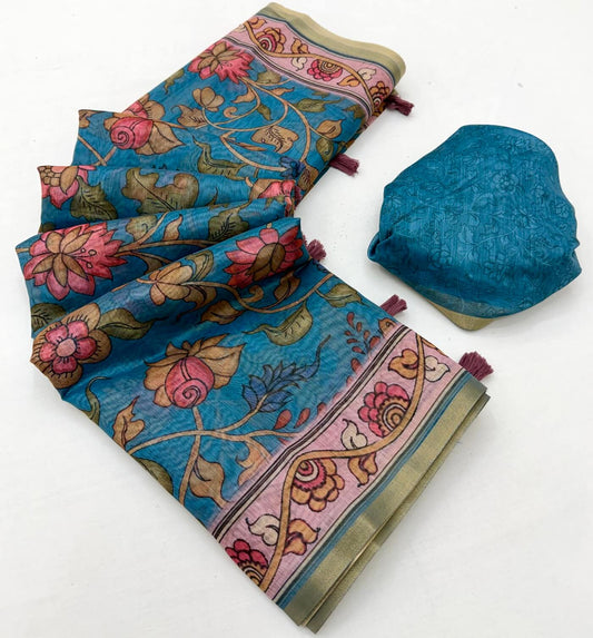 Flameboyant Firozi Printed Cotton Silk Saree With Snazzy Blouse Piece