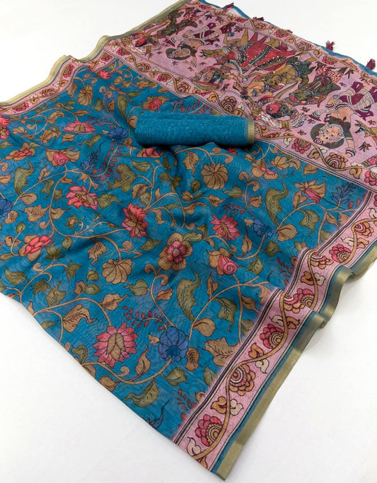 Flameboyant Firozi Printed Cotton Silk Saree With Snazzy Blouse Piece