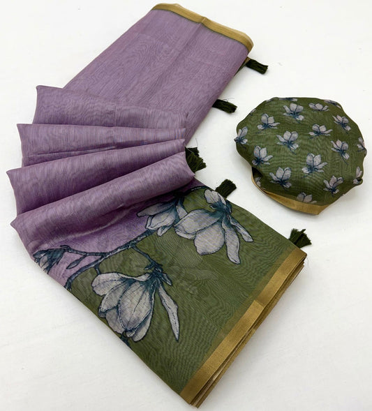 Exemplary Lavender Printed Cotton Silk Saree With Excellent Blouse Piece