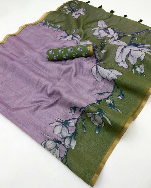 Exemplary Lavender Printed Cotton Silk Saree With Excellent Blouse Piece
