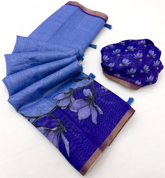 Delightful Blue Printed Cotton Silk Saree With Adorable Blouse Piece