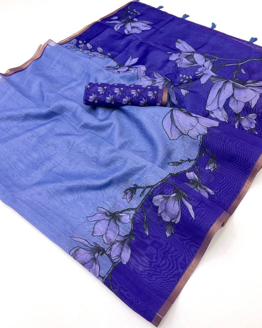 Delightful Blue Printed Cotton Silk Saree With Adorable Blouse Piece