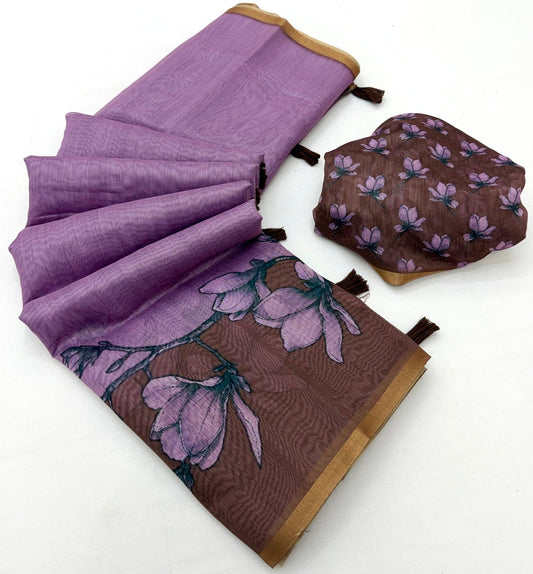 Staring Lavender Printed Cotton Silk Saree With Luxuriant Blouse Piece