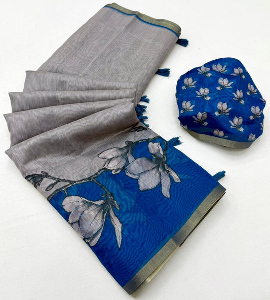 Symmetrical Grey Printed Cotton Silk Saree With Effulgent Blouse Piece