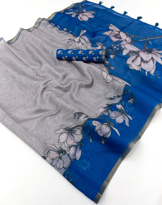 Symmetrical Grey Printed Cotton Silk Saree With Effulgent Blouse Piece