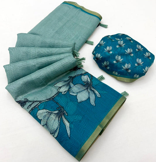 Pulsating Sea Green Printed Cotton Silk Saree With Vestigial Blouse Piece