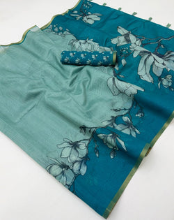 Pulsating Sea Green Printed Cotton Silk Saree With Vestigial Blouse Piece
