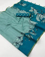 Pulsating Sea Green Printed Cotton Silk Saree With Vestigial Blouse Piece