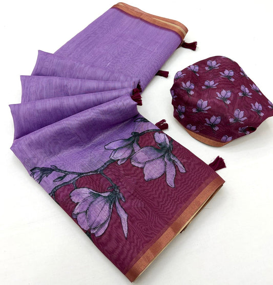 Lovely Lavender Printed Cotton Silk Saree With Surpassing Blouse Piece