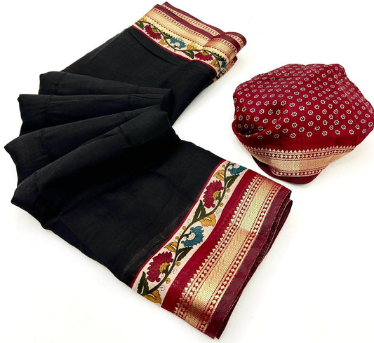 Nectarous Black Printed Mul Cotton Saree With Scintilla Blouse Piece