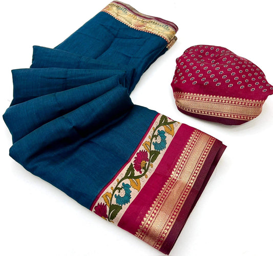 Nebula Navy Blue Printed Mul Cotton Saree With Splendiferous Blouse Piece