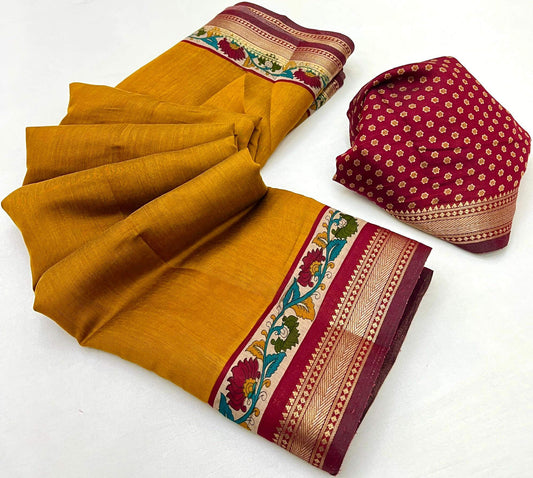 Susurrous Mustard Printed Mul Cotton Saree With Verdant Blouse Piece