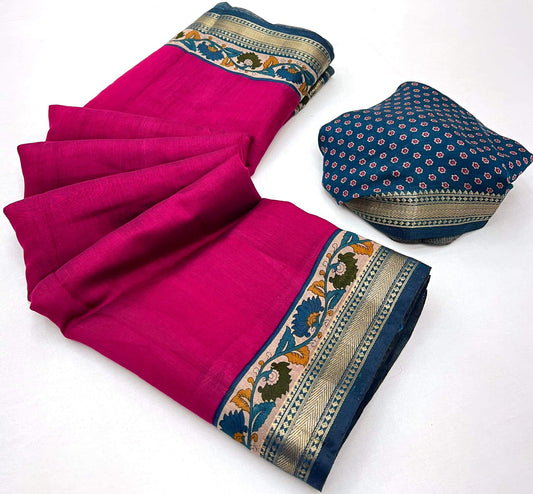 Captivating Dark Pink Printed Mul Cotton Saree With Engaging Blouse Piece