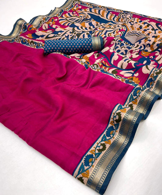 Captivating Dark Pink Printed Mul Cotton Saree With Engaging Blouse Piece