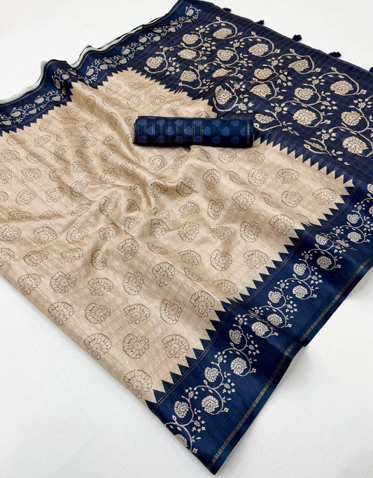 Classy Beige Printed Tussar Silk Saree With Beauteous Blouse Piece