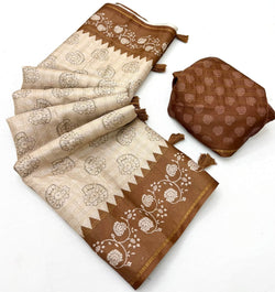 Inimitable Beige Printed Tussar Silk Saree With Transcendent Blouse Piece