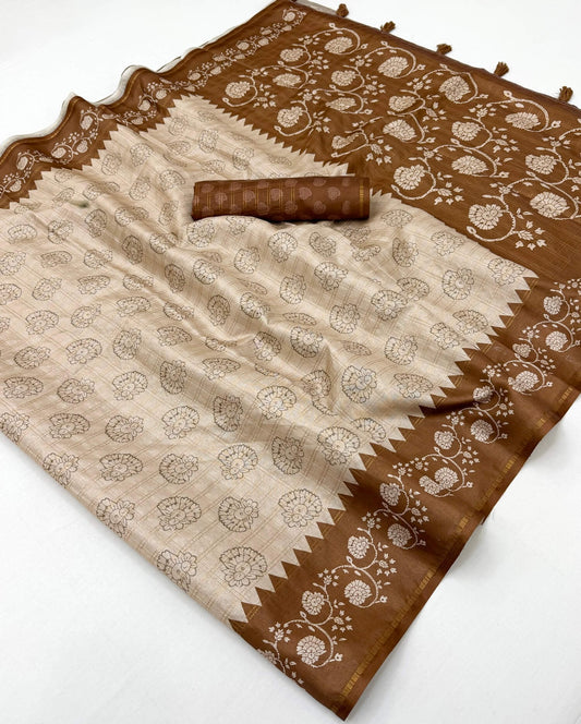Inimitable Beige Printed Tussar Silk Saree With Transcendent Blouse Piece