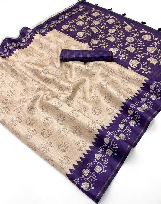 Blooming Beige Printed Tussar Silk Saree With Tremendous Blouse Piece