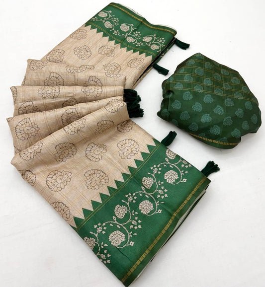 Lagniappe Beige Printed Tussar Silk Saree With Whimsical Blouse Piece