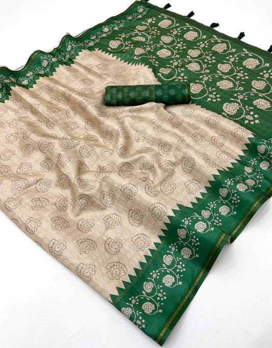 Lagniappe Beige Printed Tussar Silk Saree With Whimsical Blouse Piece