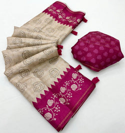 Petrichor Beige Printed Tussar Silk Saree With Demanding Blouse Piece