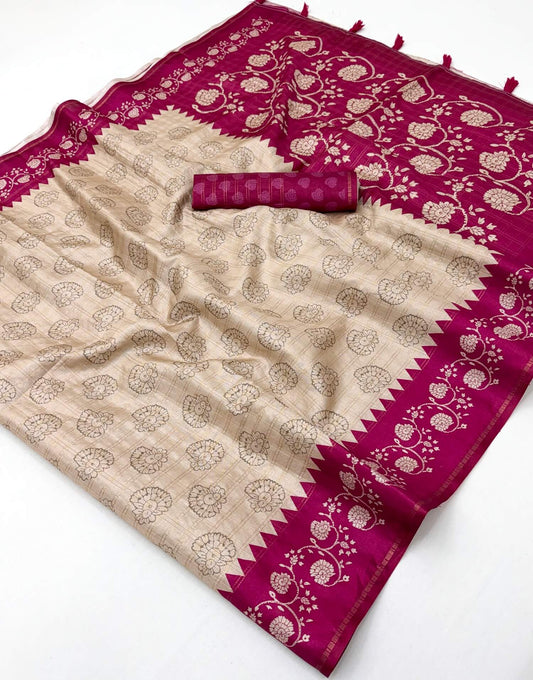 Petrichor Beige Printed Tussar Silk Saree With Demanding Blouse Piece