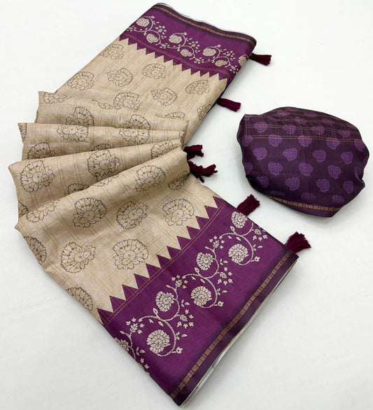 Designer Beige Printed Tussar Silk Saree With Desiring Blouse Piece