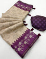 Designer Beige Printed Tussar Silk Saree With Desiring Blouse Piece