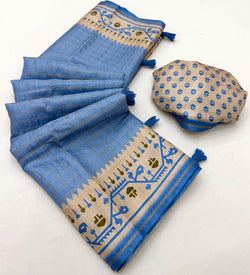 Fugacious Blue Printed Tussar Silk Saree With Prettiest Blouse Piece