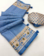 Fugacious Blue Printed Tussar Silk Saree With Prettiest Blouse Piece