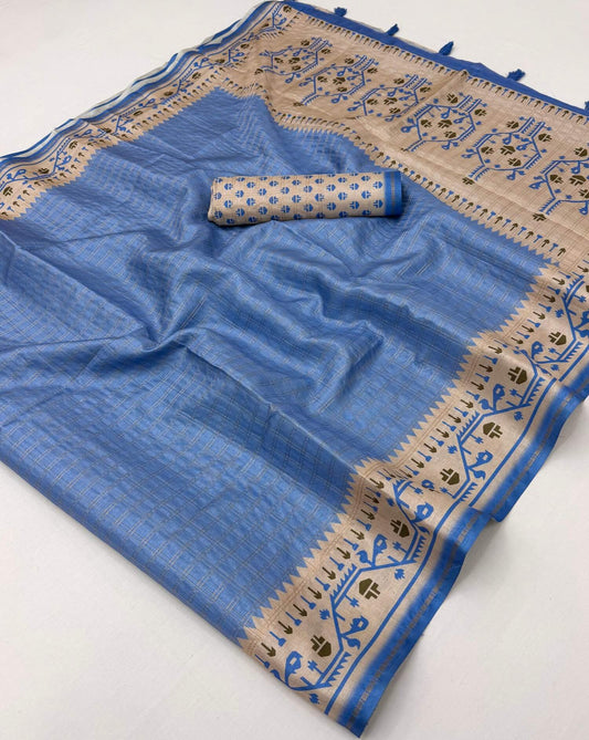 Fugacious Blue Printed Tussar Silk Saree With Prettiest Blouse Piece
