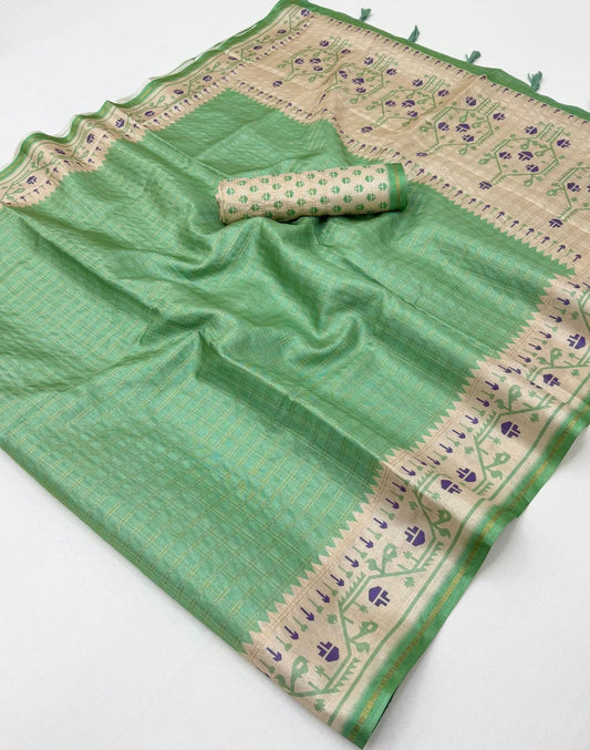 Vibrant Pista Printed Tussar Silk Saree With Splendiferous Blouse Piece