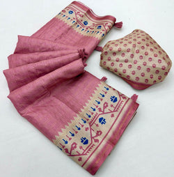 Zephyr Pink Printed Tussar Silk Saree With Demesne Blouse Piece