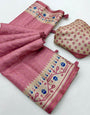 Zephyr Pink Printed Tussar Silk Saree With Demesne Blouse Piece