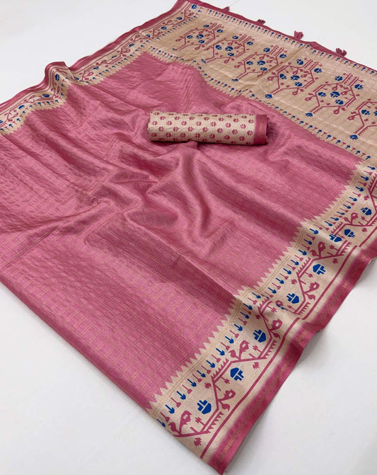 Zephyr Pink Printed Tussar Silk Saree With Demesne Blouse Piece