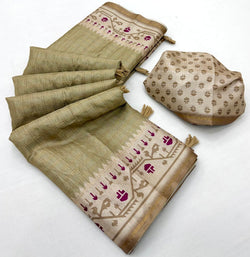 Divine Beige Printed Tussar Silk Saree With Rhapsody Blouse Piece
