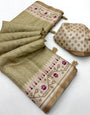 Divine Beige Printed Tussar Silk Saree With Rhapsody Blouse Piece